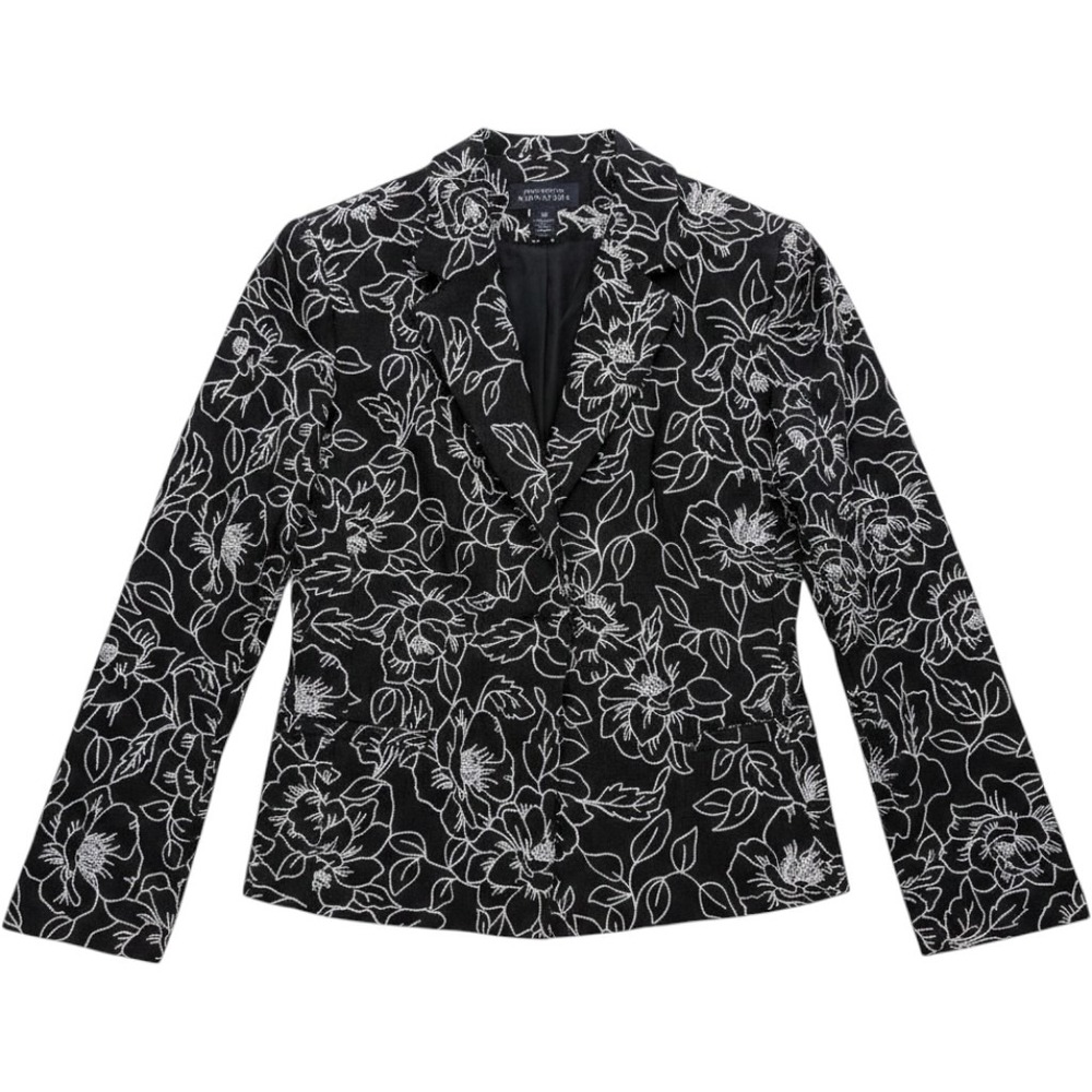 Jones New York Signature Blazer Womens 12 Black White Linen Floral Excellent Chi